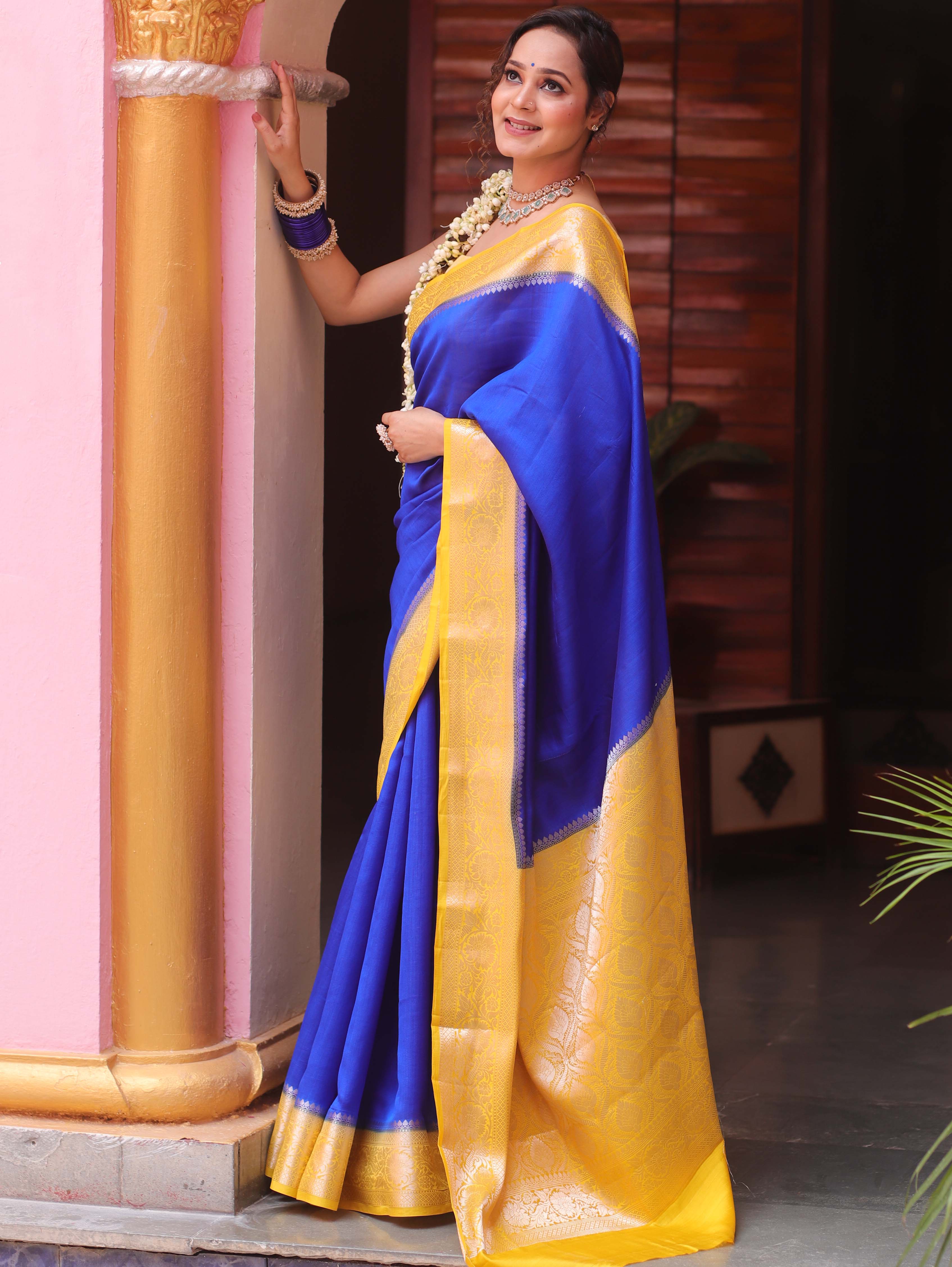 Banarasee Handloom Pure Chiniya Silk Saree With Zari Work & Contrast Border-Blue & Yellow