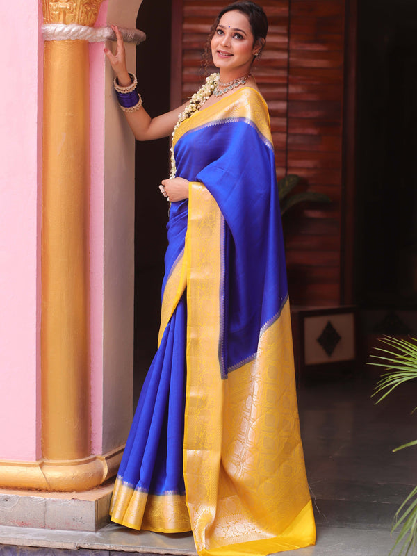 Banarasee Handloom Pure Chiniya Silk Saree With Zari Work & Contrast Border-Blue & Yellow