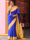 Banarasee Handloom Pure Chiniya Silk Saree With Zari Work & Contrast Border-Blue & Yellow