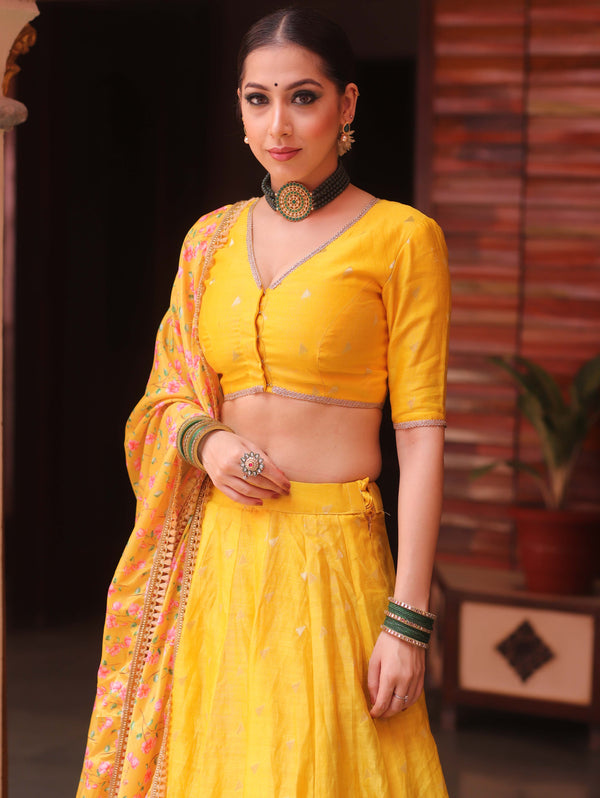 Banarasee Chanderi Silk Lehenga & Blouse With Crepe Silk Dupatta-Yellow