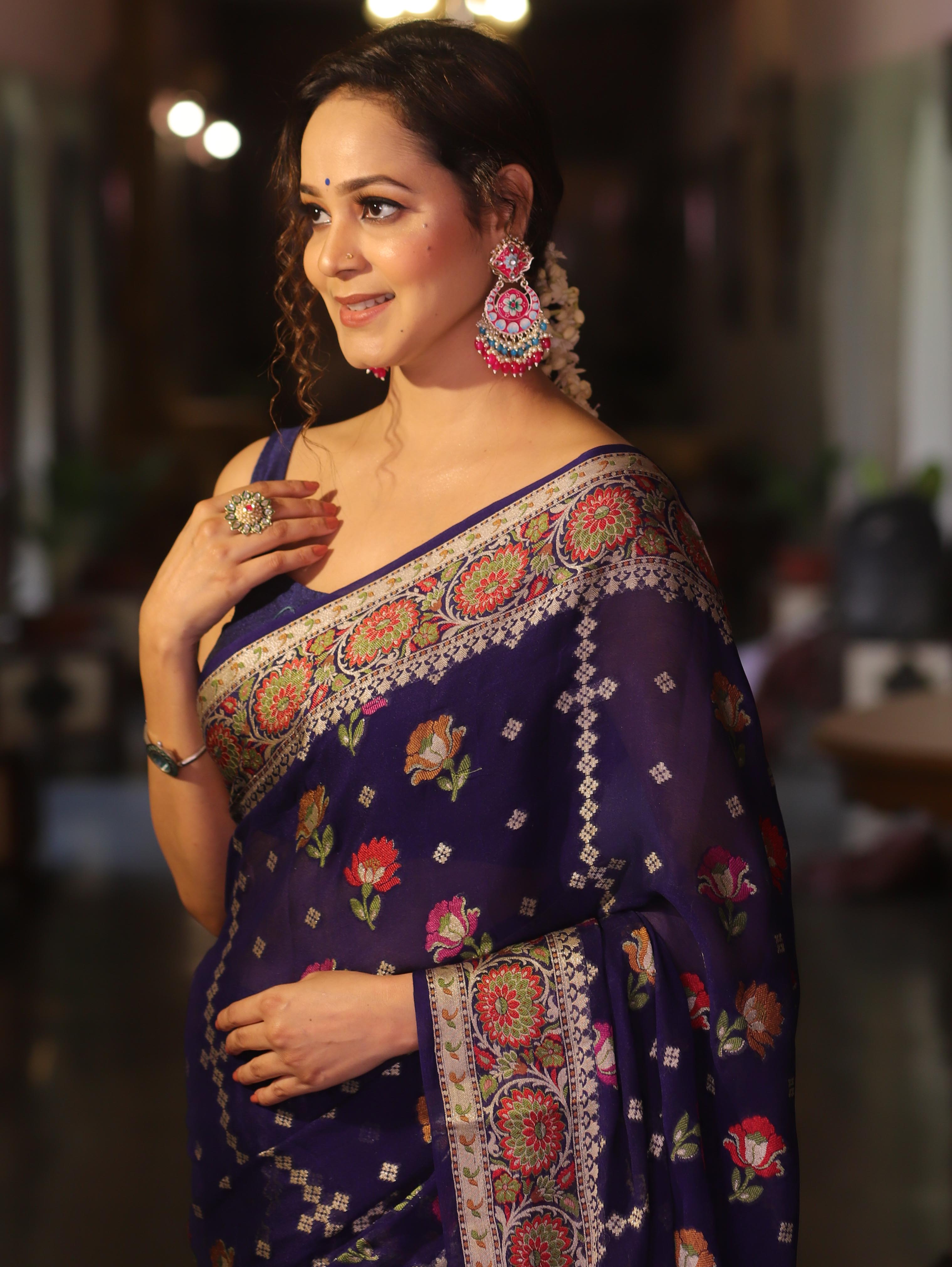 Banarasee Chiffon Zari & Resham Work Saree-Blue