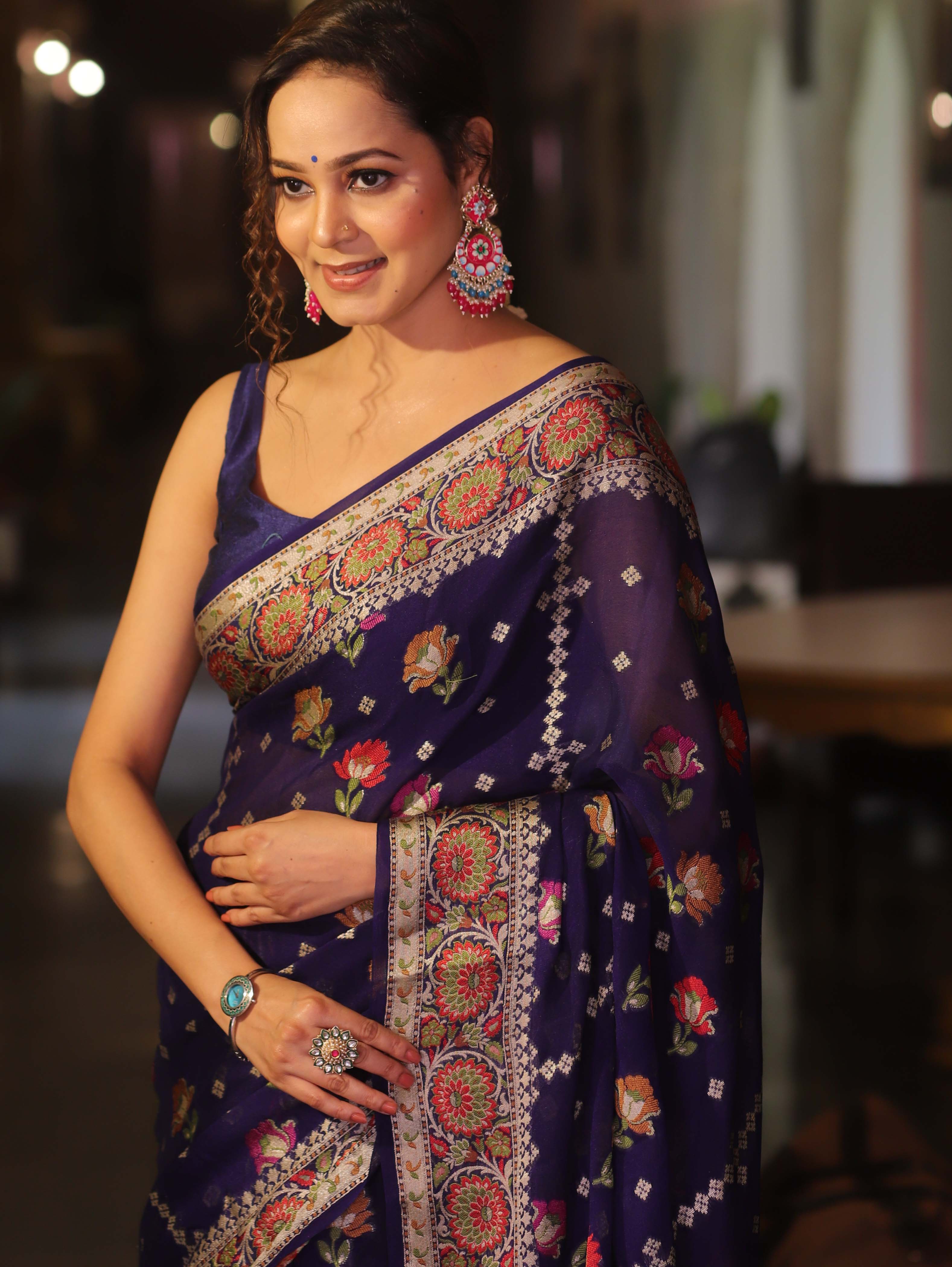 Banarasee Chiffon Zari & Resham Work Saree-Blue