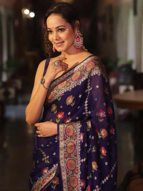 Banarasee Chiffon Zari & Resham Work Saree-Blue