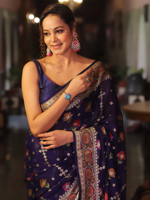 Banarasee Chiffon Zari & Resham Work Saree-Blue