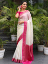 Banarasee Handwoven Semi Silk Plain Saree With Zari Contrast Border-White & Pink