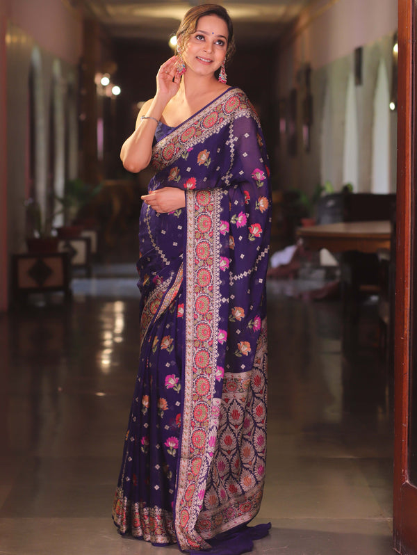 Banarasee Chiffon Zari & Resham Work Saree-Blue