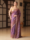 Banarasee Handwoven Silk Cotton Saree Antique Zari Buti & Border With Lace-Purple