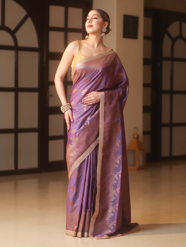 Banarasee Handwoven Silk Cotton Saree Antique Zari Buti & Border With Lace-Purple