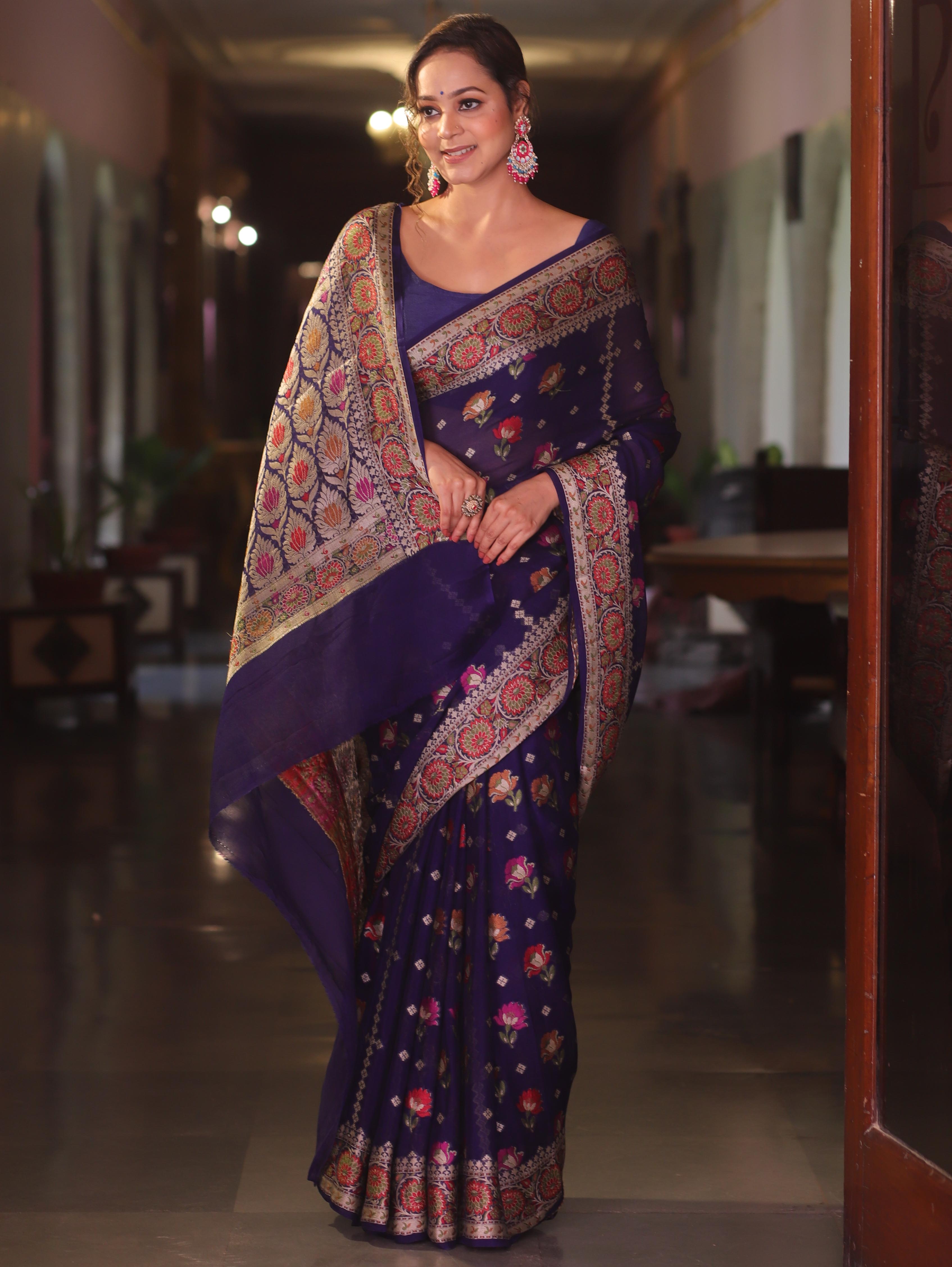 Banarasee Chiffon Zari & Resham Work Saree-Blue