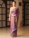 Banarasee Handwoven Silk Cotton Saree Antique Zari Buti & Border With Lace-Purple