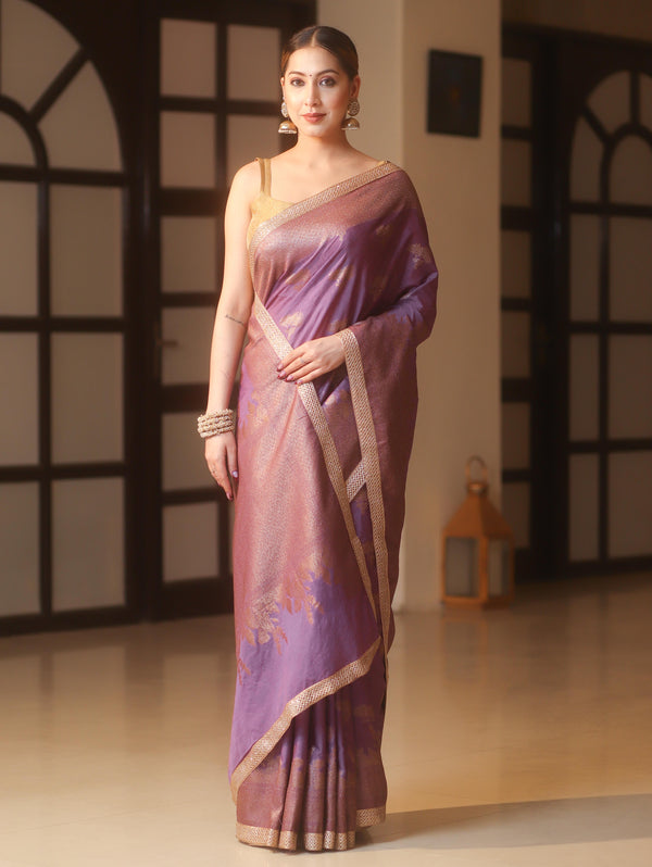 Banarasee Handwoven Silk Cotton Saree Antique Zari Buti & Border With Lace-Purple