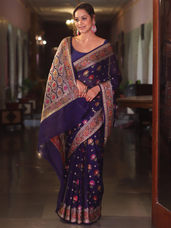 Banarasee Chiffon Zari & Resham Work Saree-Blue