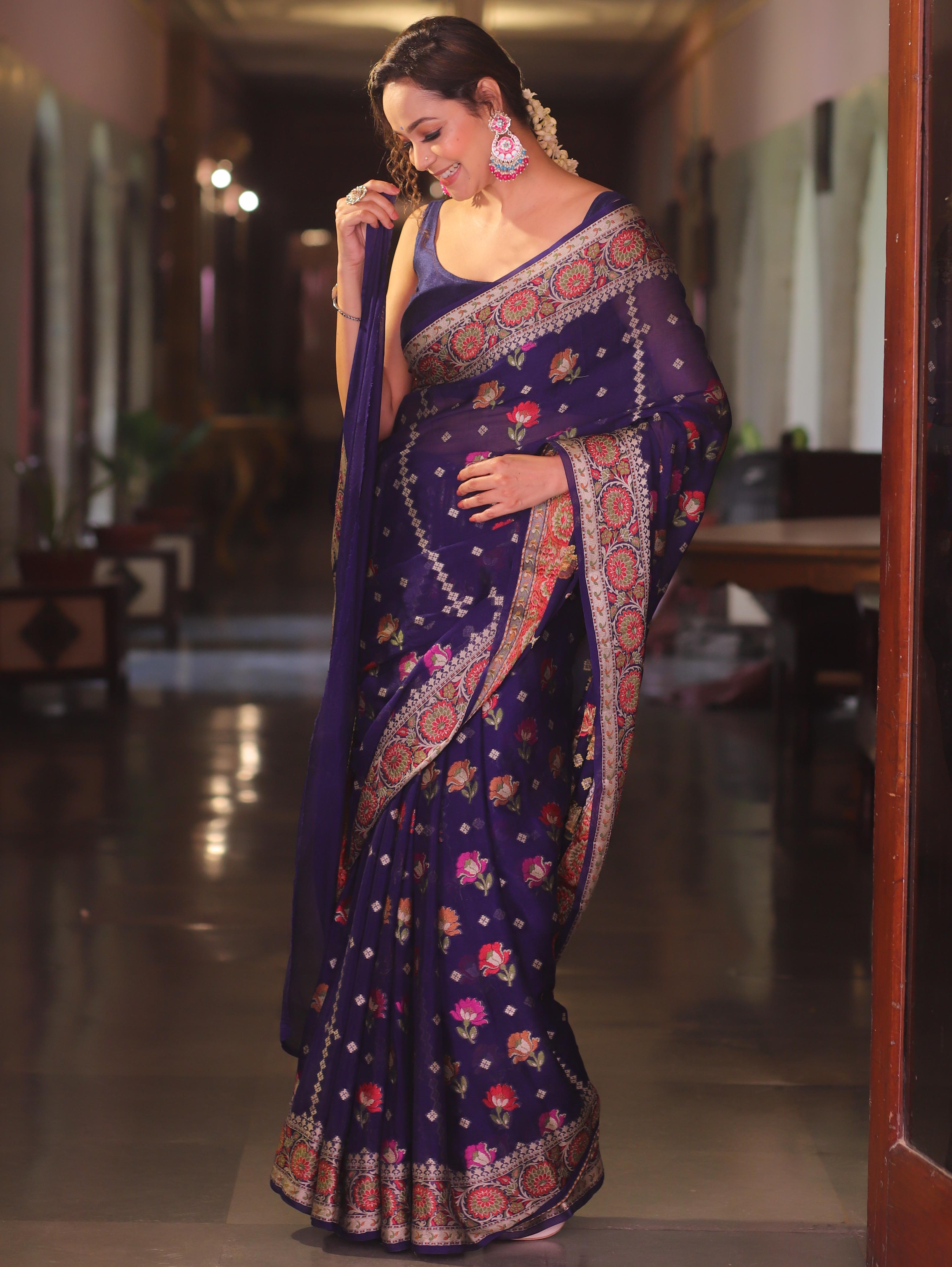 Banarasee Chiffon Zari & Resham Work Saree-Blue