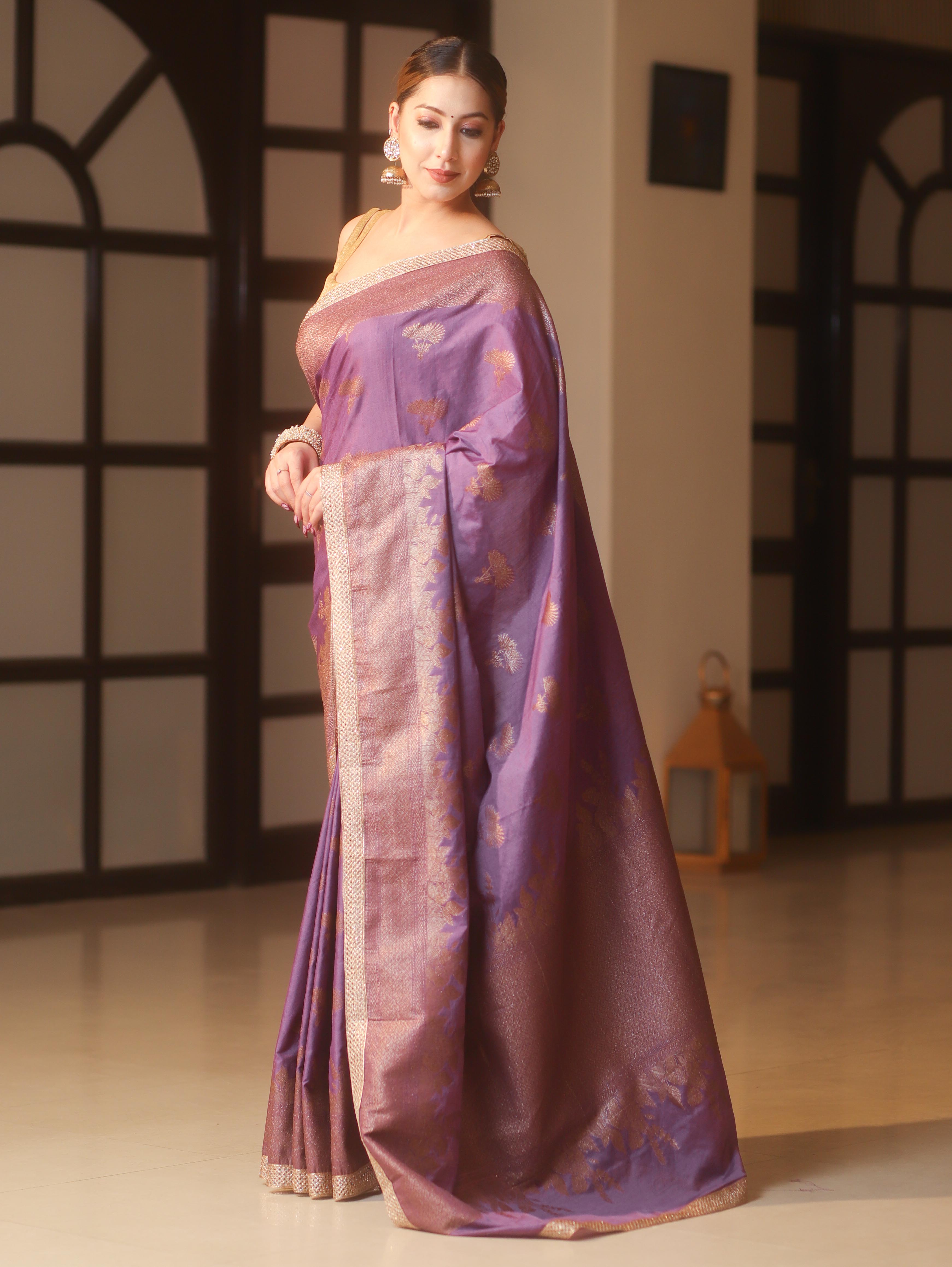 Banarasee Handwoven Silk Cotton Saree Antique Zari Buti & Border With Lace-Purple