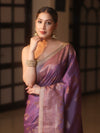 Banarasee Handwoven Silk Cotton Saree Antique Zari Buti & Border With Lace-Purple