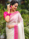 Banarasee Handwoven Semi Silk Plain Saree With Zari Contrast Border-White & Pink