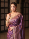 Banarasee Handwoven Silk Cotton Saree Antique Zari Buti & Border With Lace-Purple
