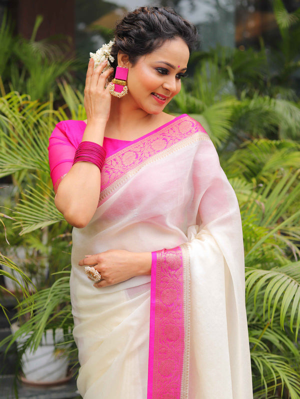 Banarasee Handwoven Semi Silk Plain Saree With Zari Contrast Border-White & Pink