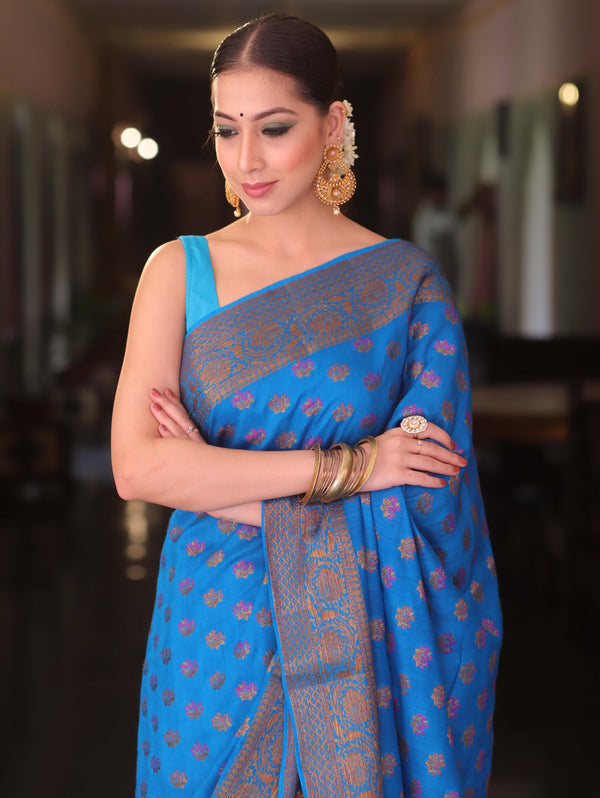 Banarasee Pure Handloom Muga Silk Saree With Zari & Gold Weaving-Blue