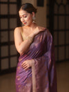 Banarasee Handwoven Silk Cotton Saree Antique Zari Buti & Border With Lace-Purple