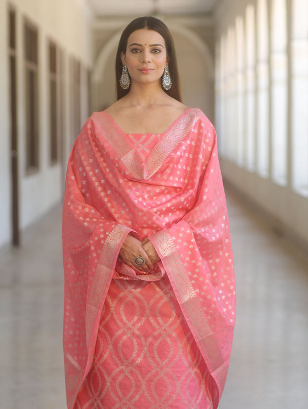 Banarasee Cotton Silk Zari Work Salwar Kameez Fabric With Dupatta-Peach