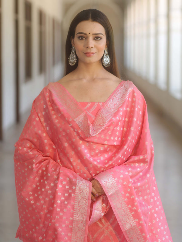 Banarasee Cotton Silk Zari Work Salwar Kameez Fabric With Dupatta-Peach