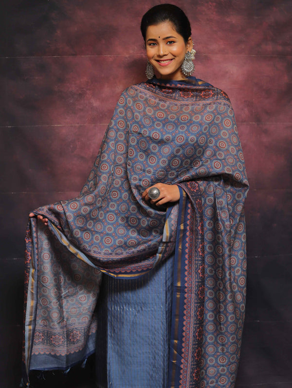 Banarasee Handloom Chanderi Silk Salwar Kameez With Zari Work & Digital Print Dupatta-Grey