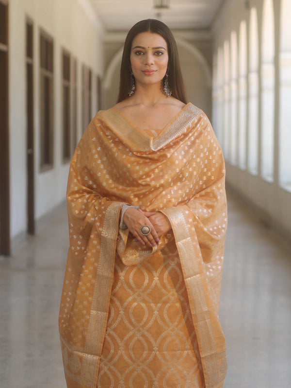 Banarasee Cotton Silk Zari Work Salwar Kameez Fabric With Dupatta-Light Brown