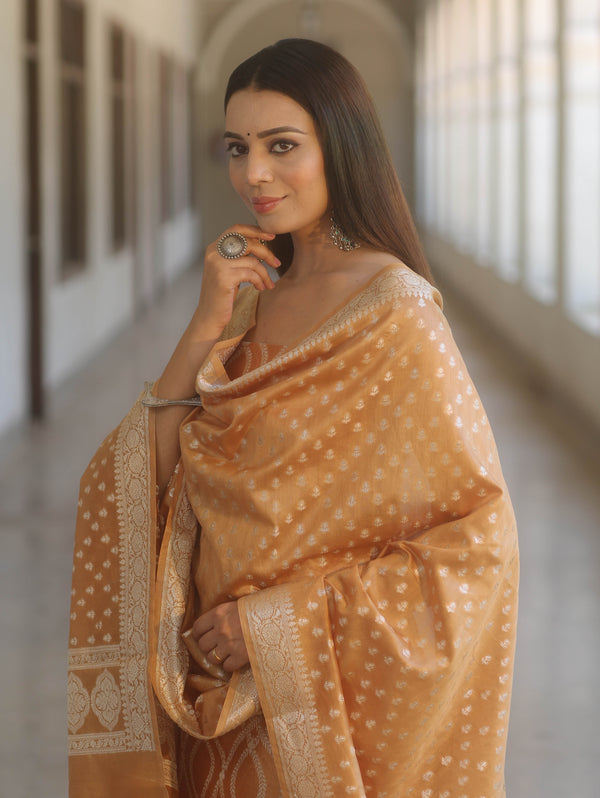 Banarasee Cotton Silk Zari Work Salwar Kameez Fabric With Dupatta-Light Brown