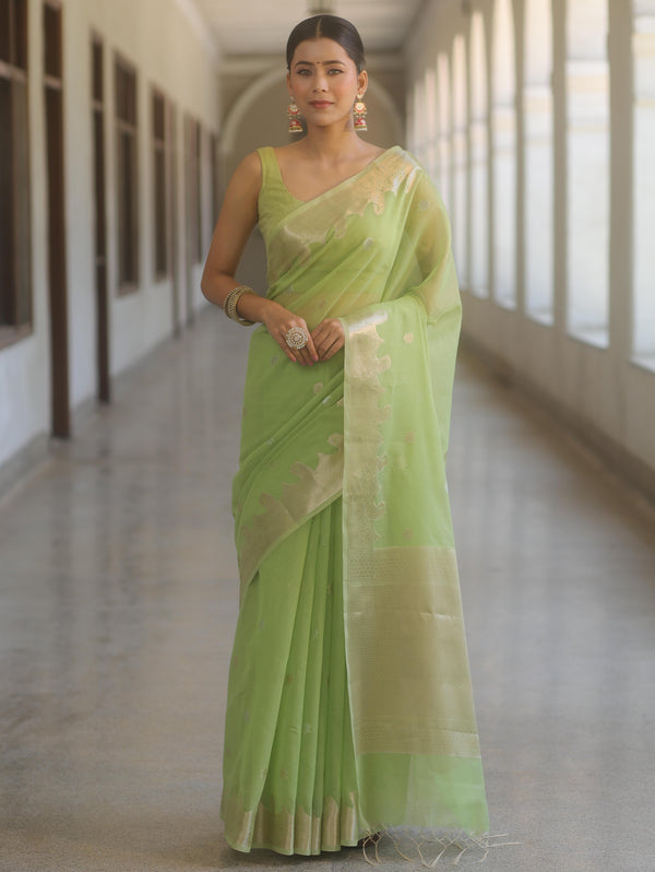 Banarasee Handwoven Silk Cotton Silk Saree Zari Buti & Border-Pastel Green