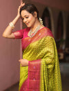 Banarasee Handloom Pure Dupion Silk Saree Antique Gold Zari Work-Green & Pink