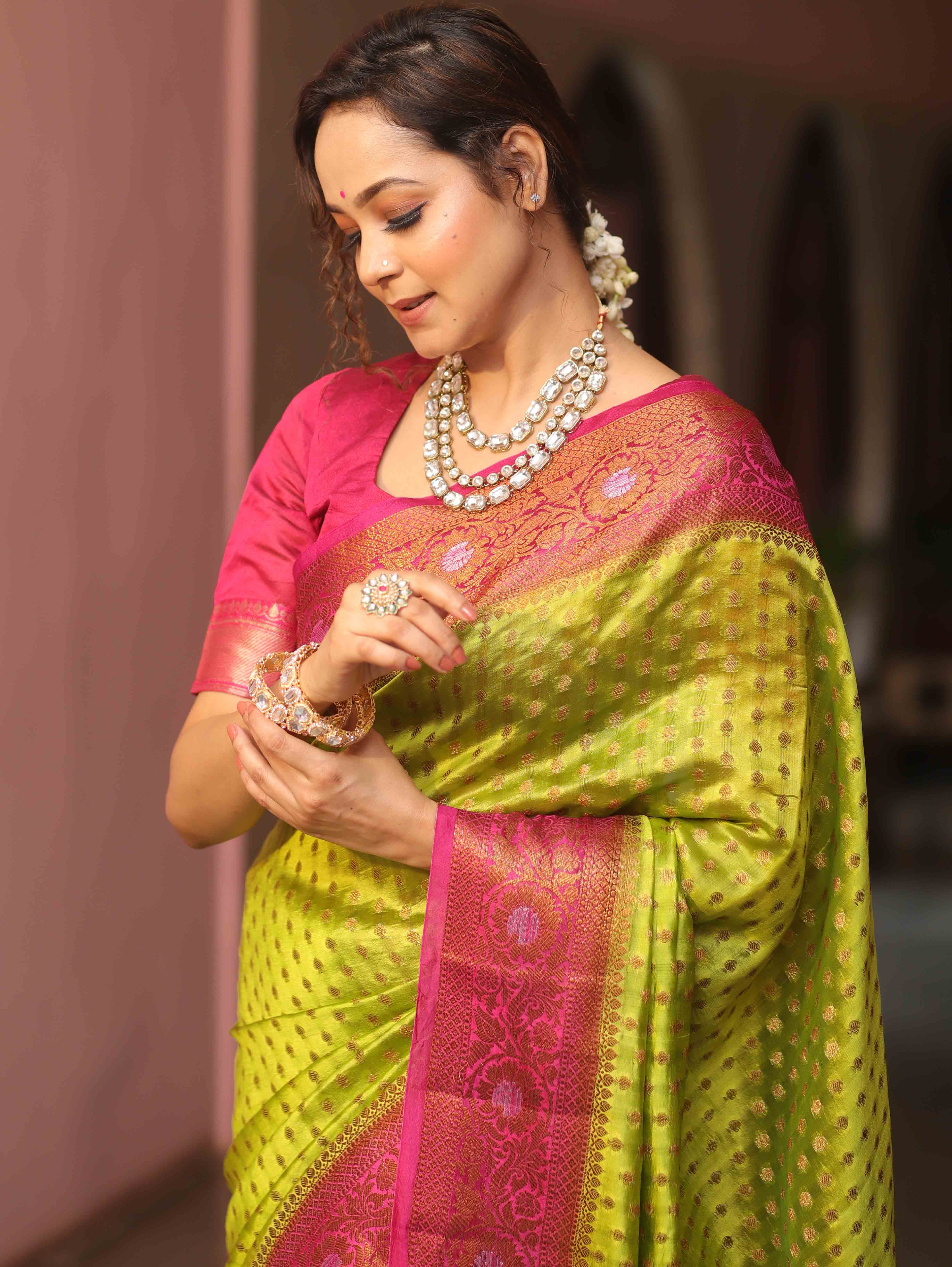 Banarasee Handloom Pure Dupion Silk Saree Antique Gold Zari Work-Green & Pink