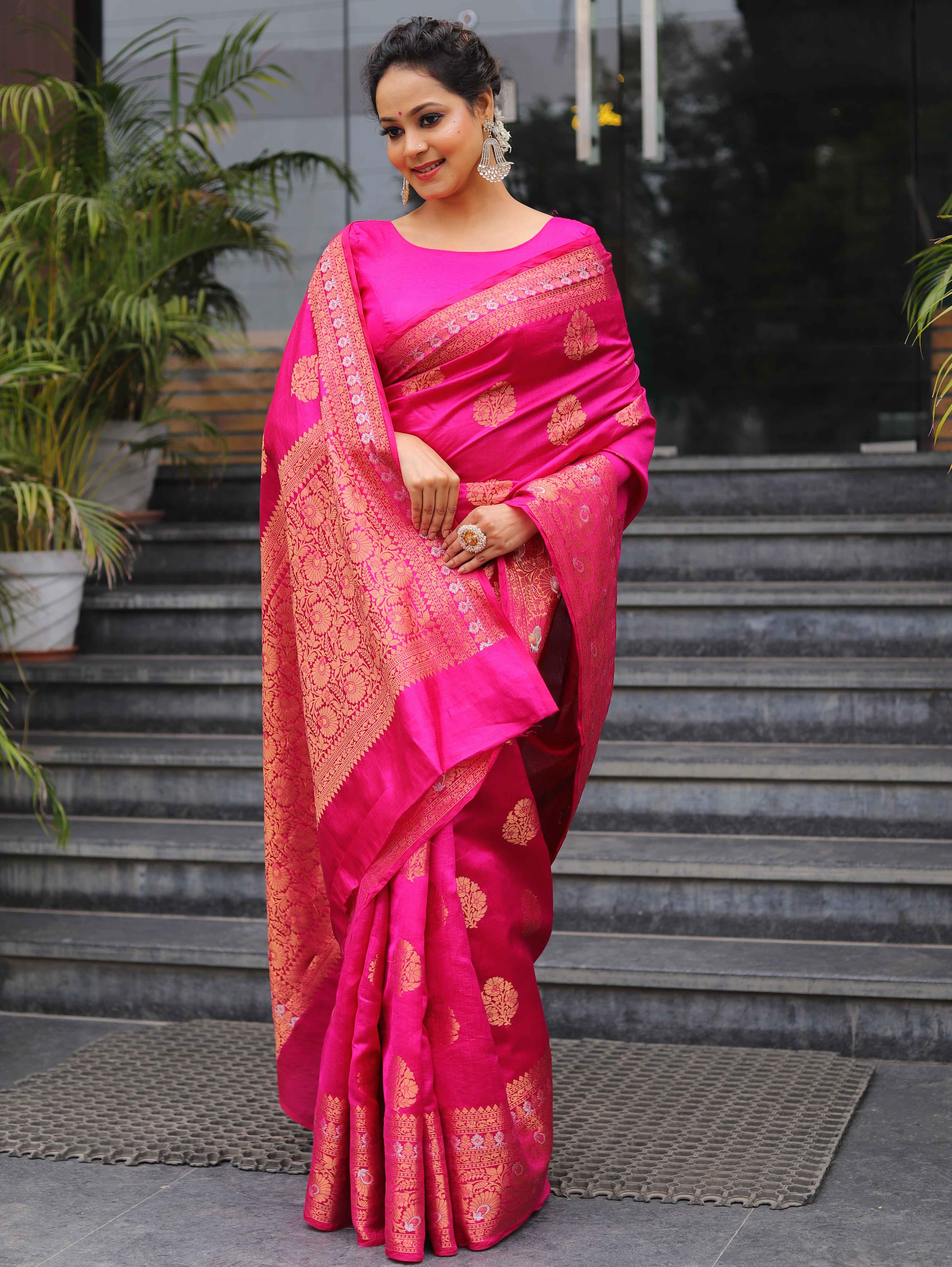 Banarasee Handloom Pure Chiniya Silk Saree With Zari Work-Pink