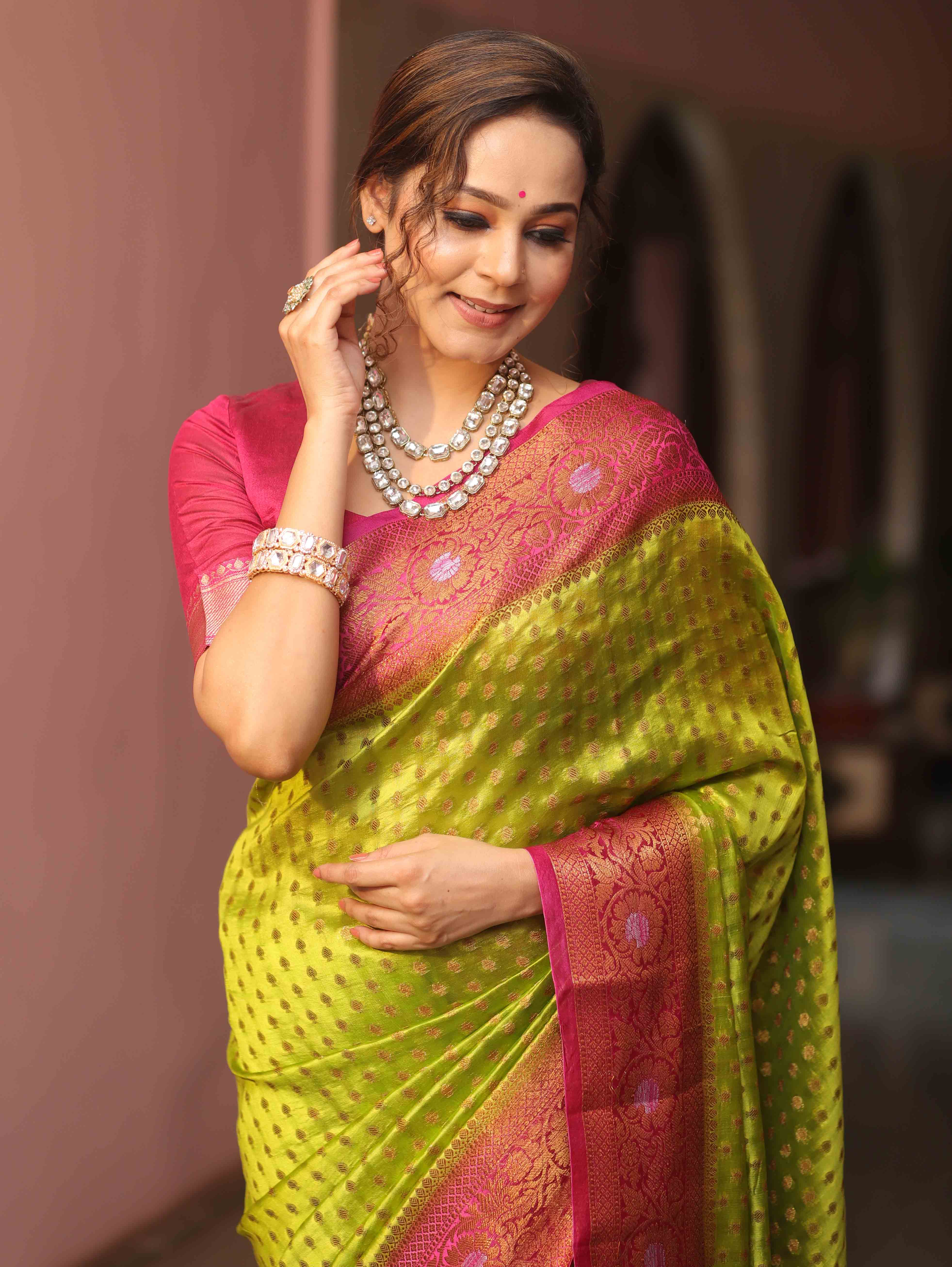 Banarasee Handloom Pure Dupion Silk Saree Antique Gold Zari Work-Green & Pink