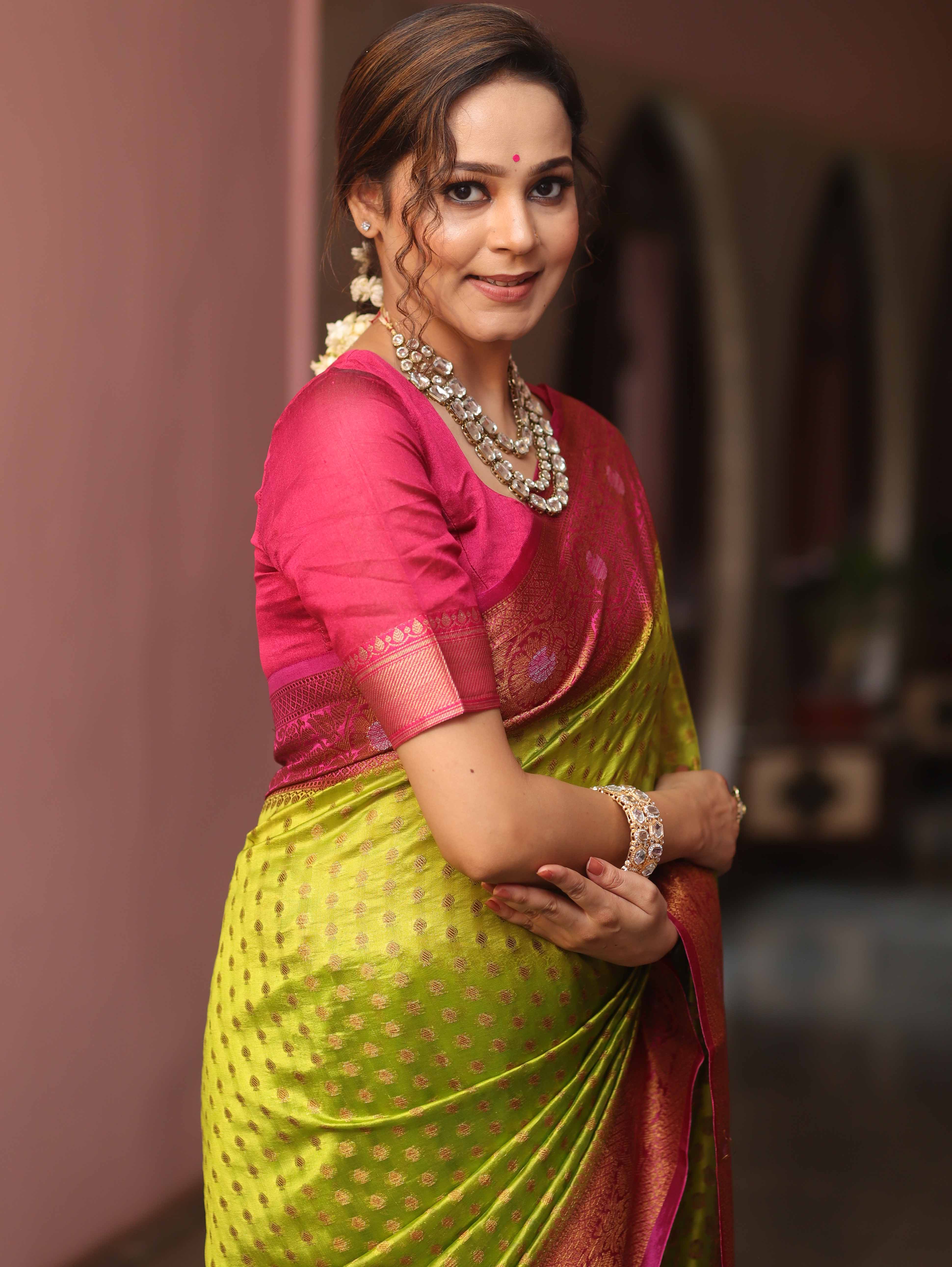 Banarasee Handloom Pure Dupion Silk Saree Antique Gold Zari Work-Green & Pink