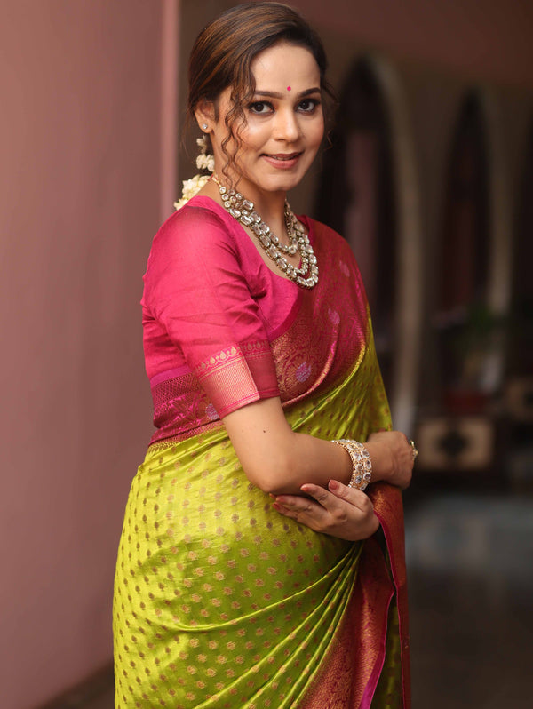 Banarasee Handloom Pure Dupion Silk Saree Antique Gold Zari Work-Green & Pink