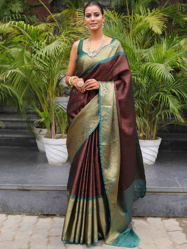 Banarasee Kora Muslin Saree With Tanchoi Design & Skirt Border-Brown