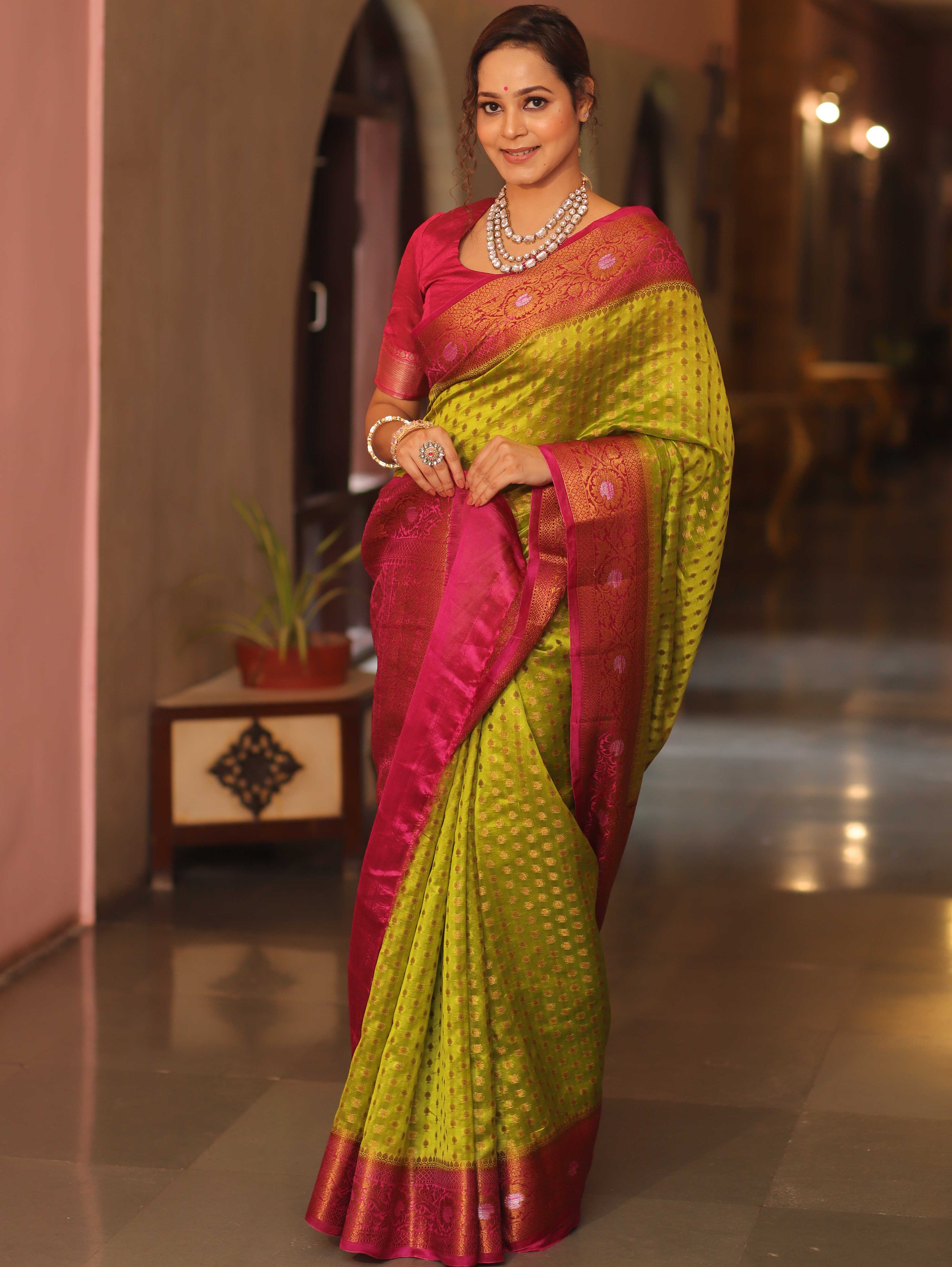 Banarasee Handloom Pure Dupion Silk Saree Antique Gold Zari Work-Green & Pink