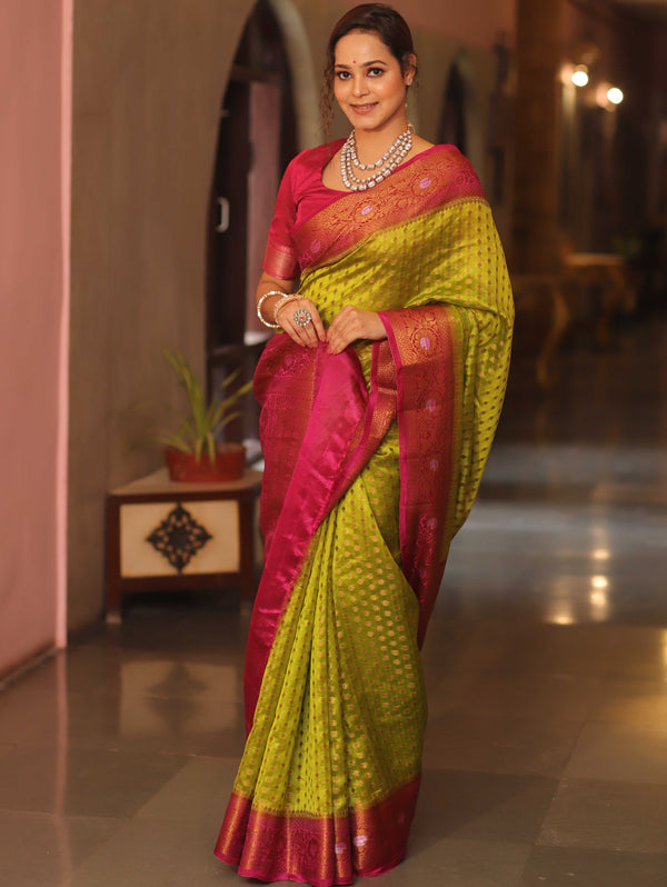 Banarasee Handloom Pure Dupion Silk Saree Antique Gold Zari Work-Green & Pink