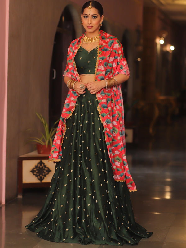 Banarasee Chanderi Silk Lehenga & Blouse With Crepe Silk Dupatta-Green