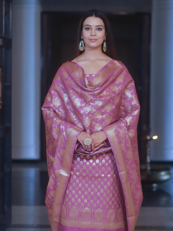 Banarasee Zari Work Semi Katan Salwar Kameez Fabric With Dupatta-Salmon Pink