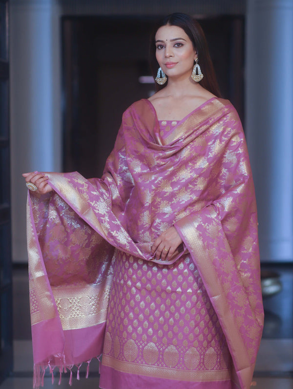 Banarasee Zari Work Semi Katan Salwar Kameez Fabric With Dupatta-Salmon Pink