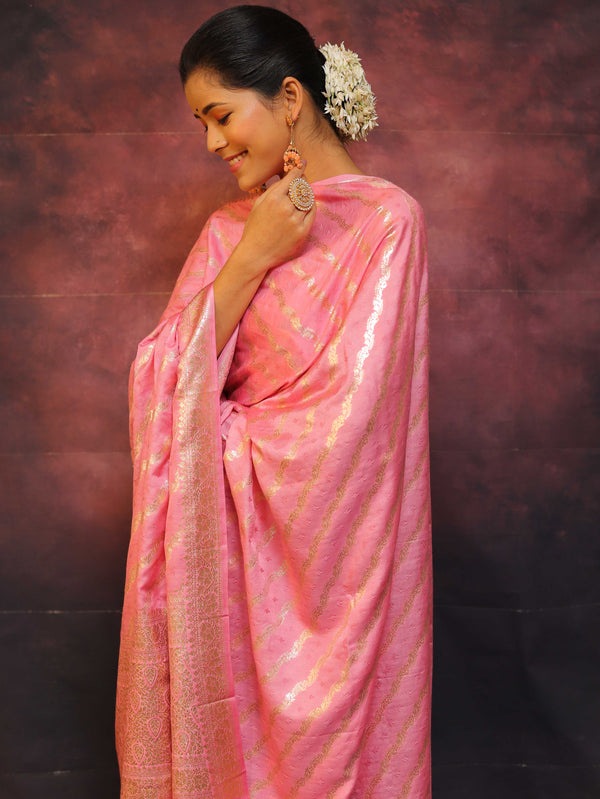 Banarasee Chanderi Cotton Zari & Meena Work Salwar Kameez Dupatta Set-Pink