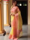 Banarasee Organza Mix Saree With Zari Buta & Border-Yellow & Pink