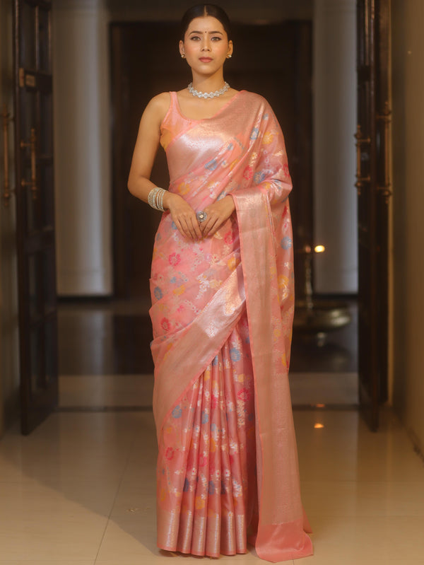 Banarasee Handwoven Semi Silk Saree With Silver Zari & Resham Jaal Design-Peach