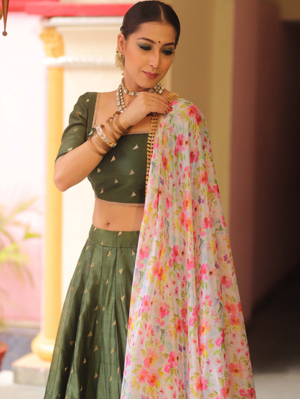 Banarasee Chanderi Silk Lehenga & Blouse With Crepe Silk Dupatta-Olive Green