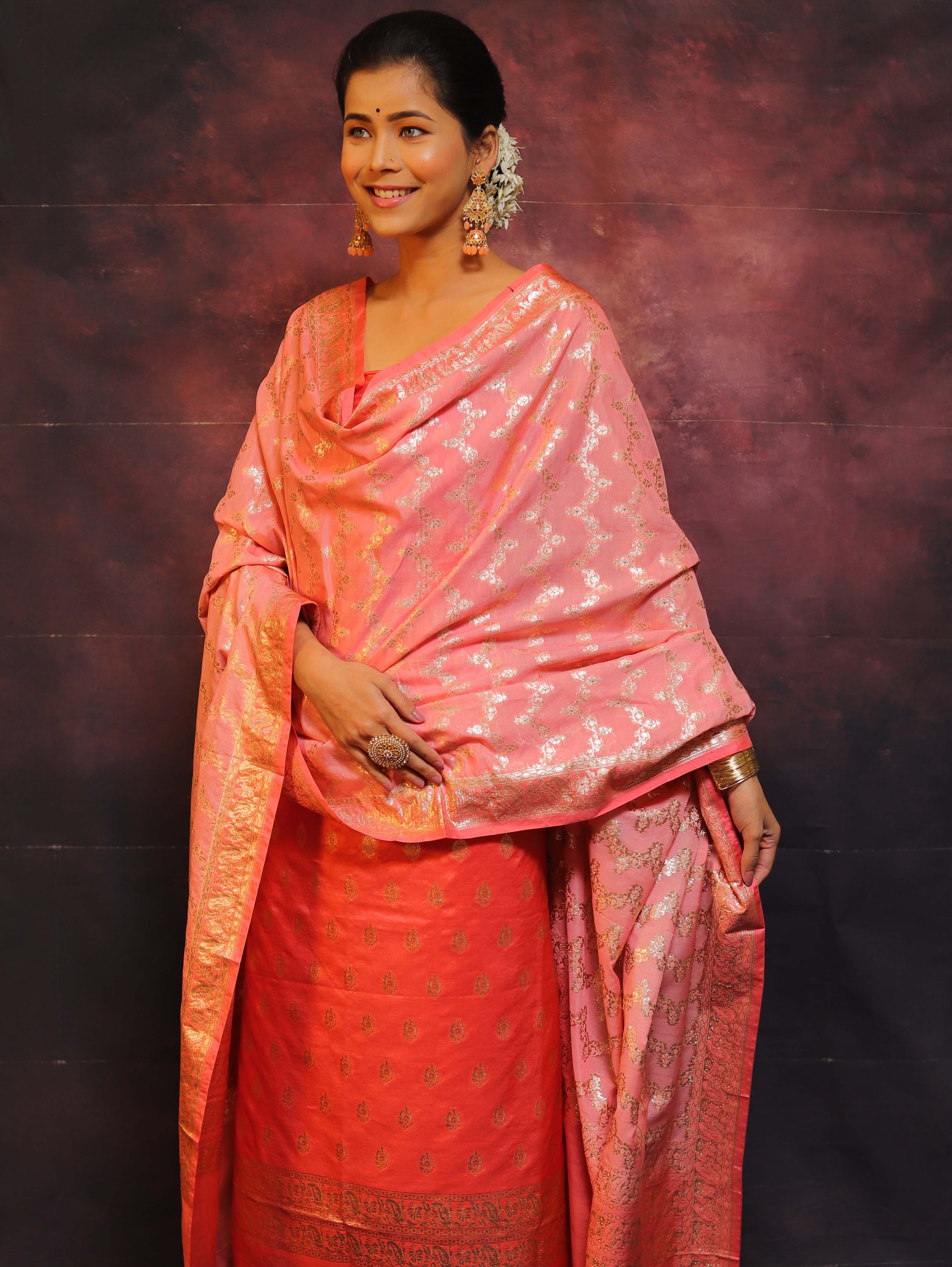 Banarasee Chanderi Cotton Salwar Kameez Fabric With Zari Work & Contrast Dupatta-Peach & Pink
