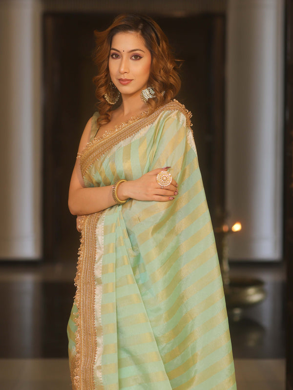Banarasee Handwoven Semi Silk Saree With Zari Design & Lace-Pastel Green