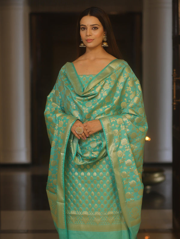 Banarasee Zari Work Semi Katan Salwar Kameez Fabric With Dupatta-Sea Green