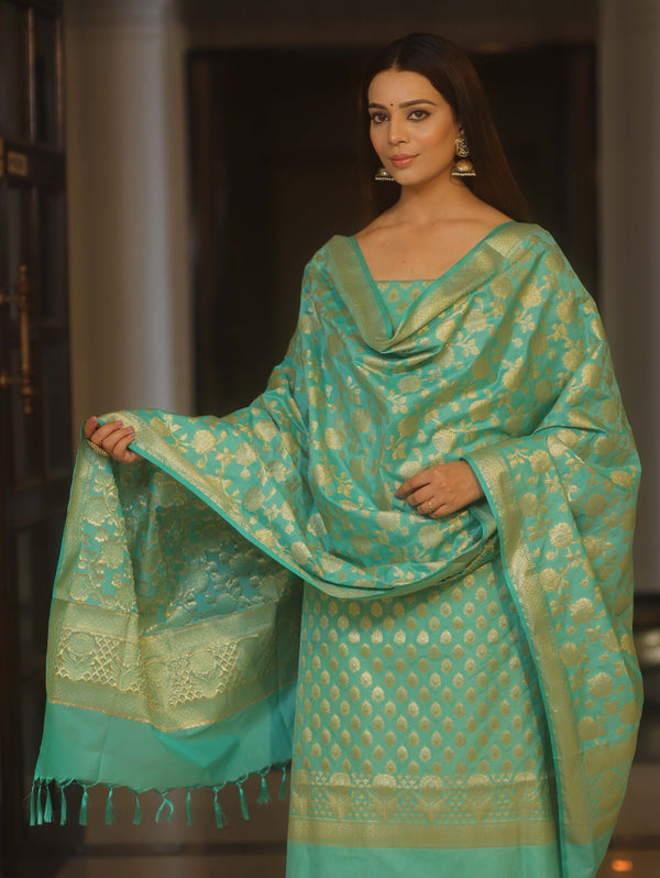 Banarasee Zari Work Semi Katan Salwar Kameez Fabric With Dupatta-Sea Green